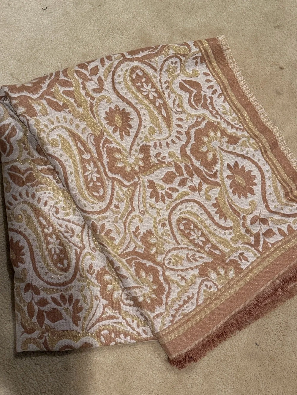 Talbots Prancing Paisley Floral Fringe Oblong Scarf in Cream and Tan